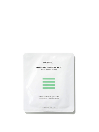 Bioeffect Imprinting Hydrogel Mask laid flat on a clean surface, highlighting its cooling, hydrating formula designed to boost serum absorption and leave skin refreshed, plump, and radiant.