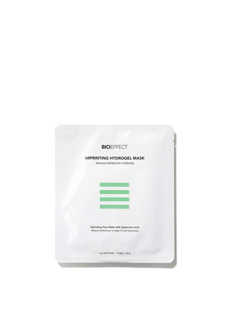 Bioeffect Imprinting Hydrogel Mask laid flat on a clean surface, highlighting its cooling, hydrating formula designed to boost serum absorption and leave skin refreshed, plump, and radiant.