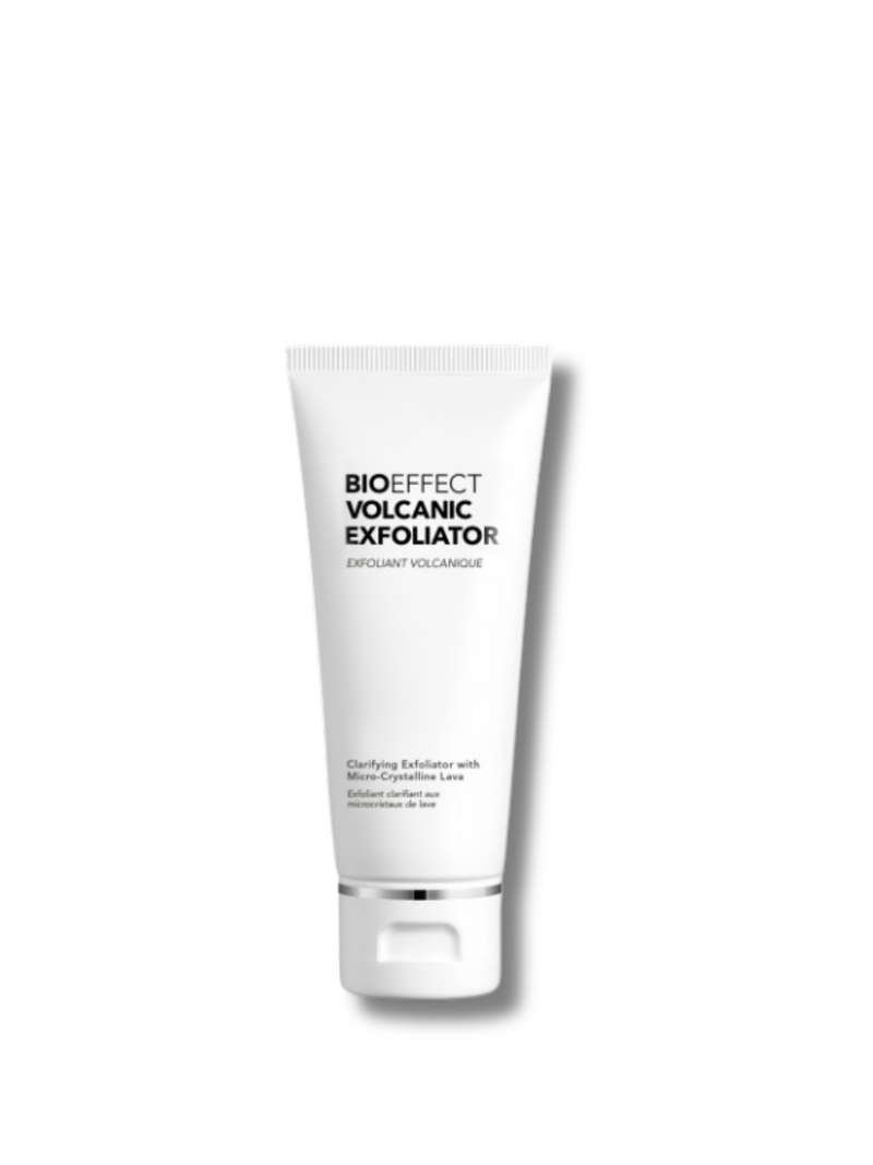 Bioeffect Volcanic Exfoliator tube placed on a clean, minimal surface, symbolizing deep-cleansing and skin-smoothing benefits with Icelandic micro-crystalline lava and hydrating ingredients for a fresh, radiant complexion.